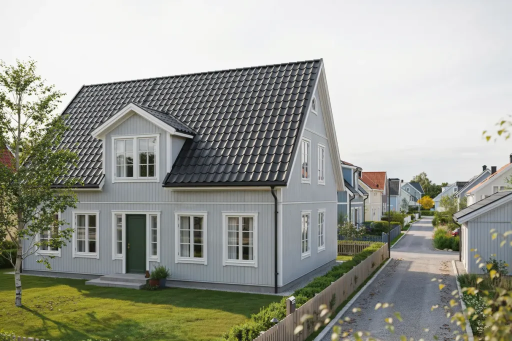 takrenovering med nya betongpannor p villa i ytterby